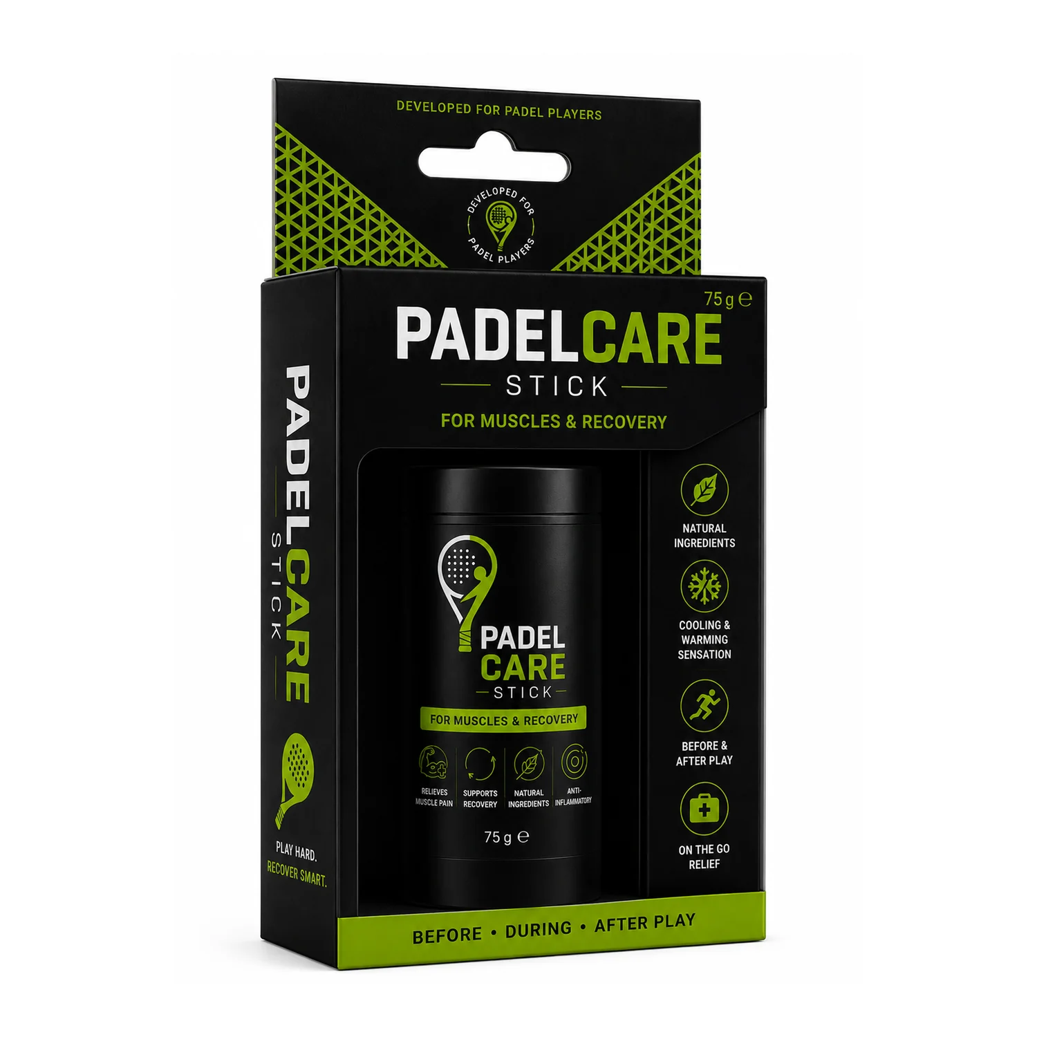 PADEL CARE Stick retail box packaging — 75g muscle recovery balm