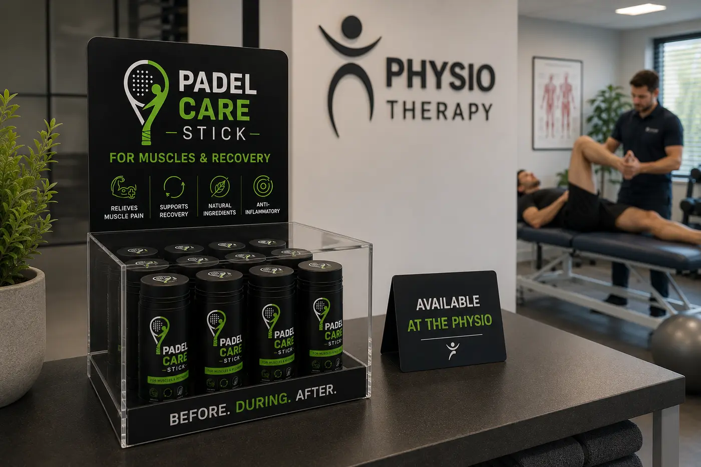 PADEL CARE Stick retail display at a physiotherapy practice