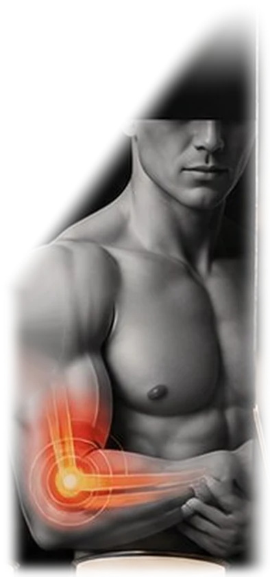Athlete with a targeted muscle recovery point on the elbow