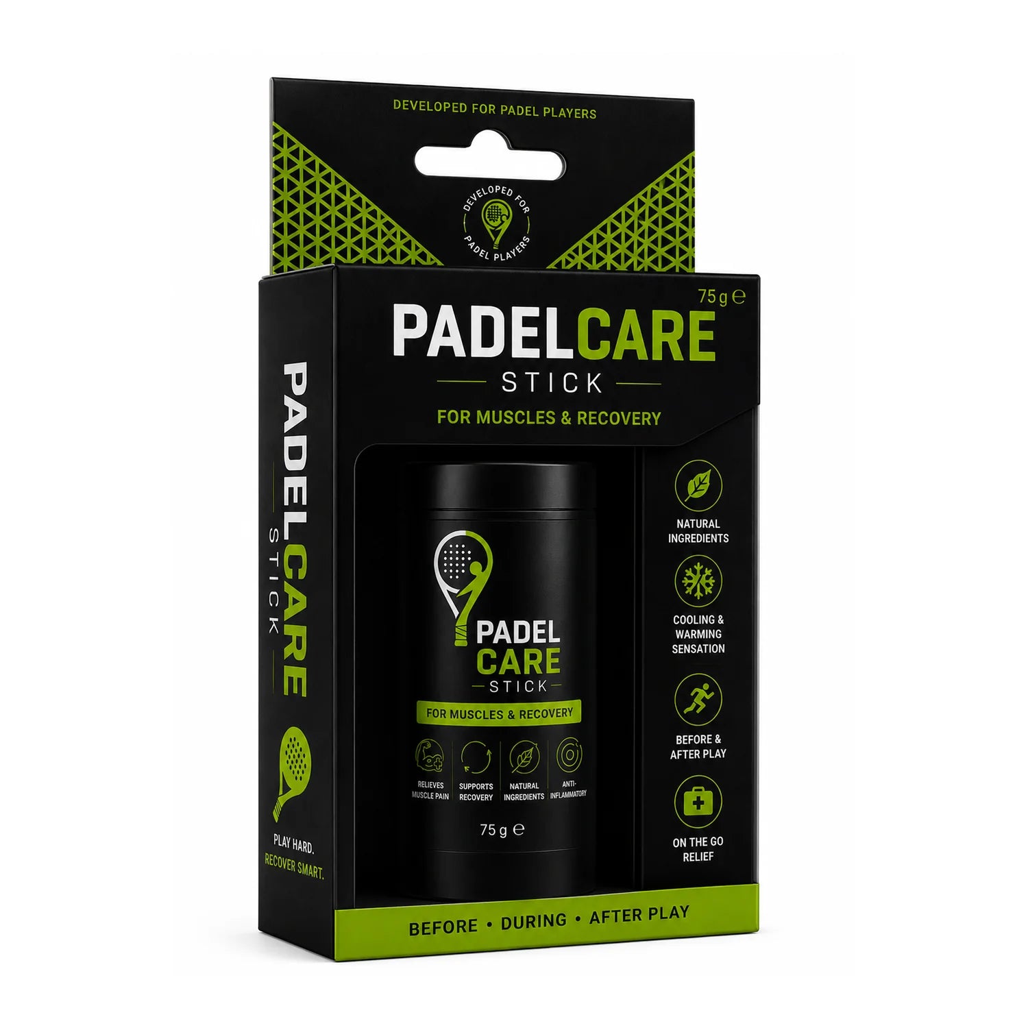 PADEL CARE Stick retail box packaging — 75g muscle recovery balm