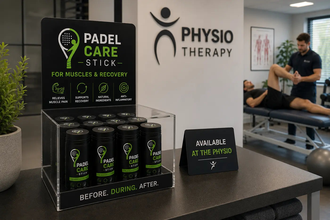 PADEL CARE Stick retail display at a physiotherapy practice