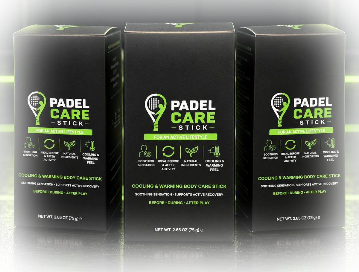 PADEL CARE Stick packaging — three 75g boxes on a padel court