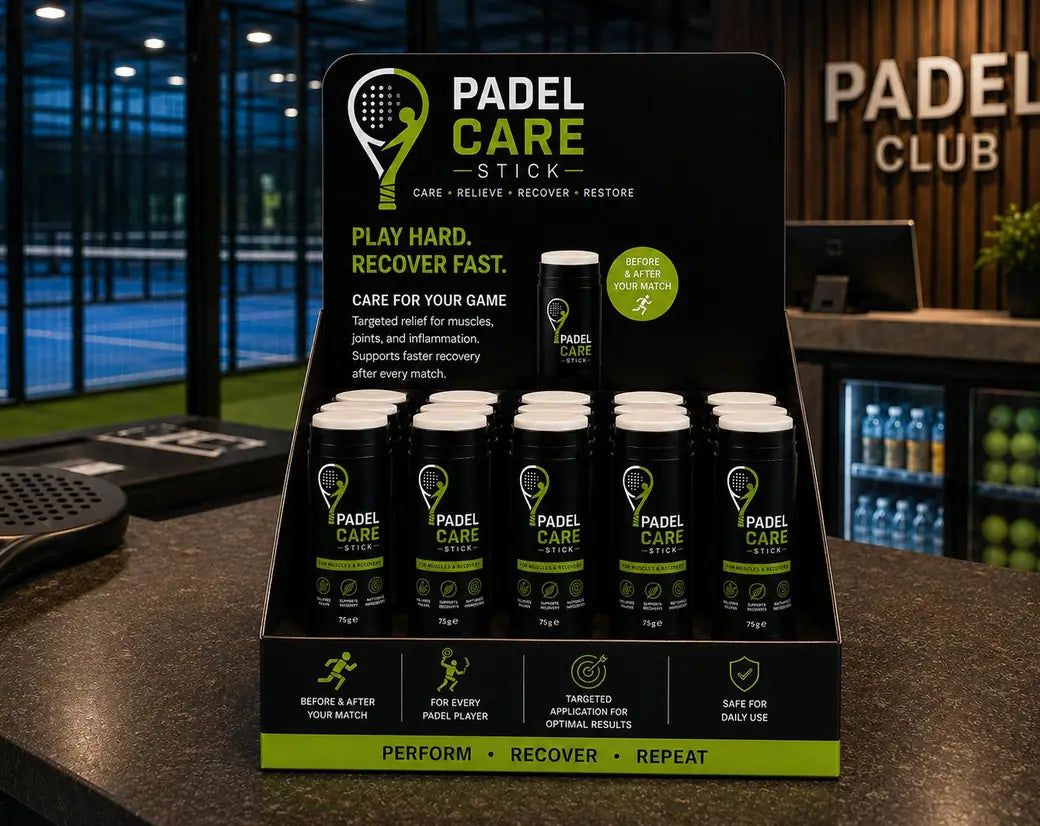 PADEL CARE retail display unit on a padel club counter