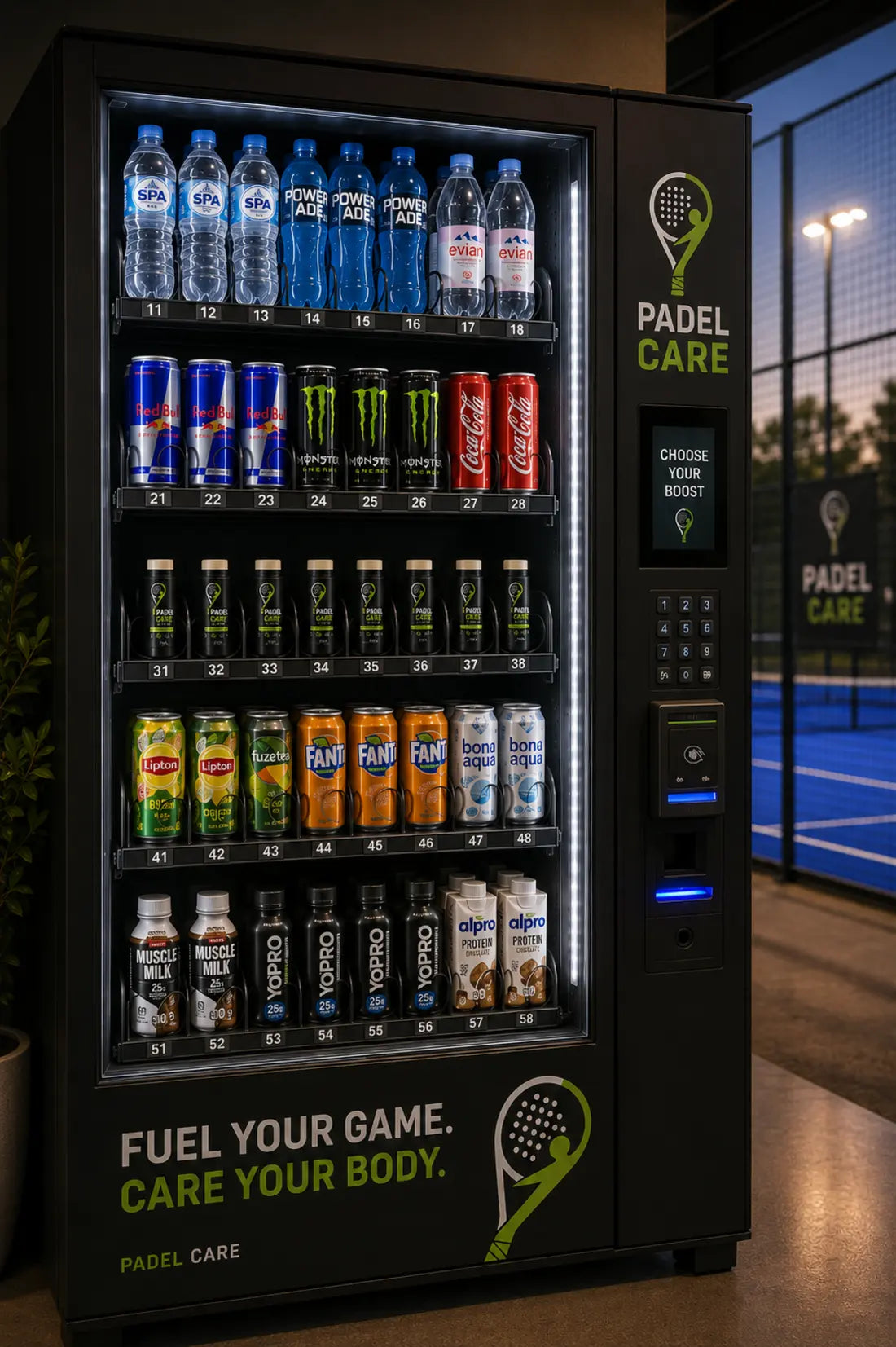 PADEL CARE drinks and recovery vending machine beside a padel court